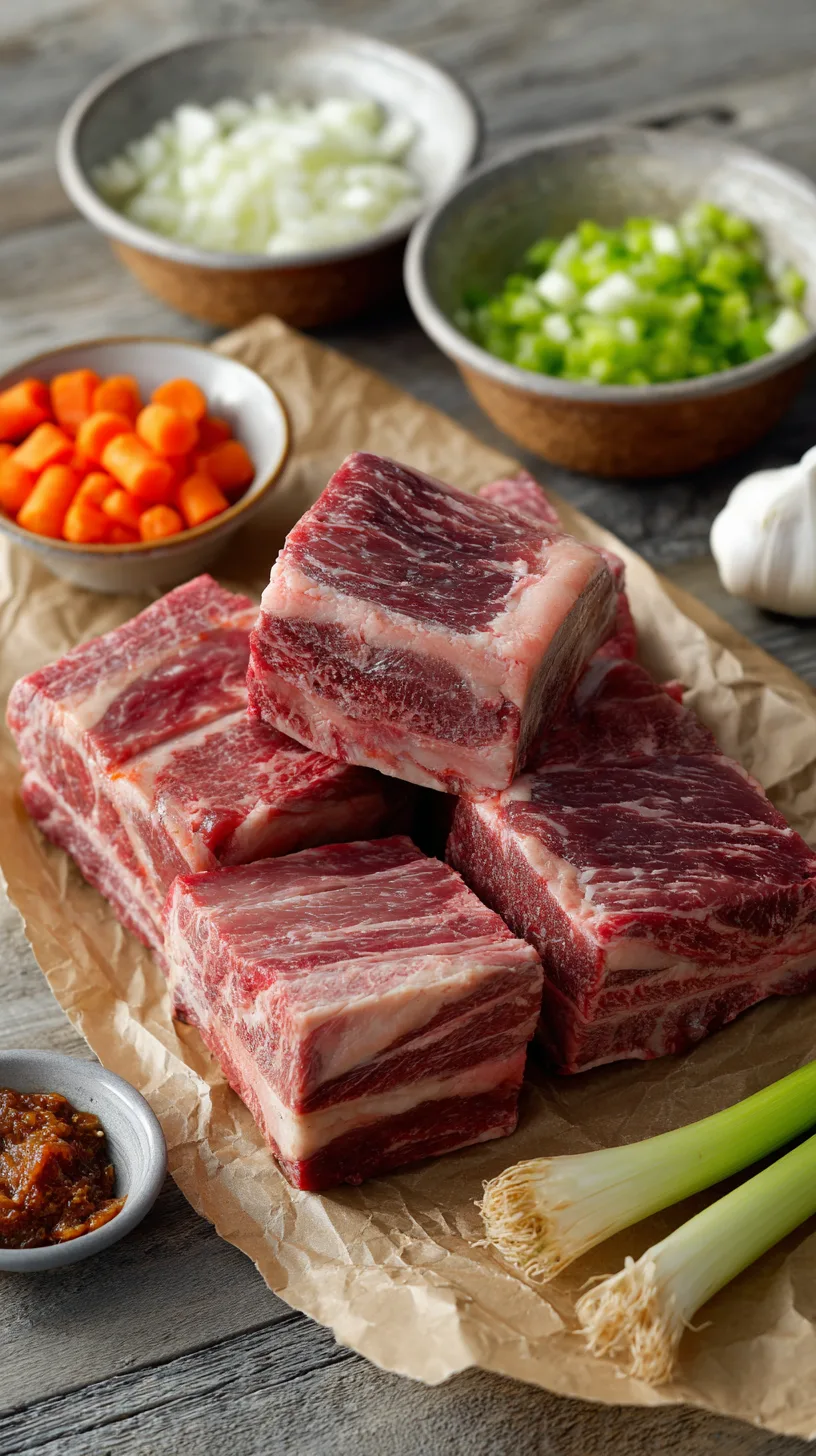Raw bone-in beef short ribs on parchment paper