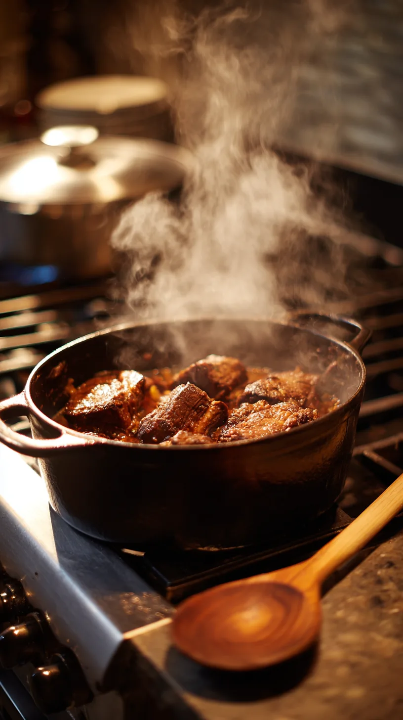Short ribs actively searing inside, deep brown crust forming