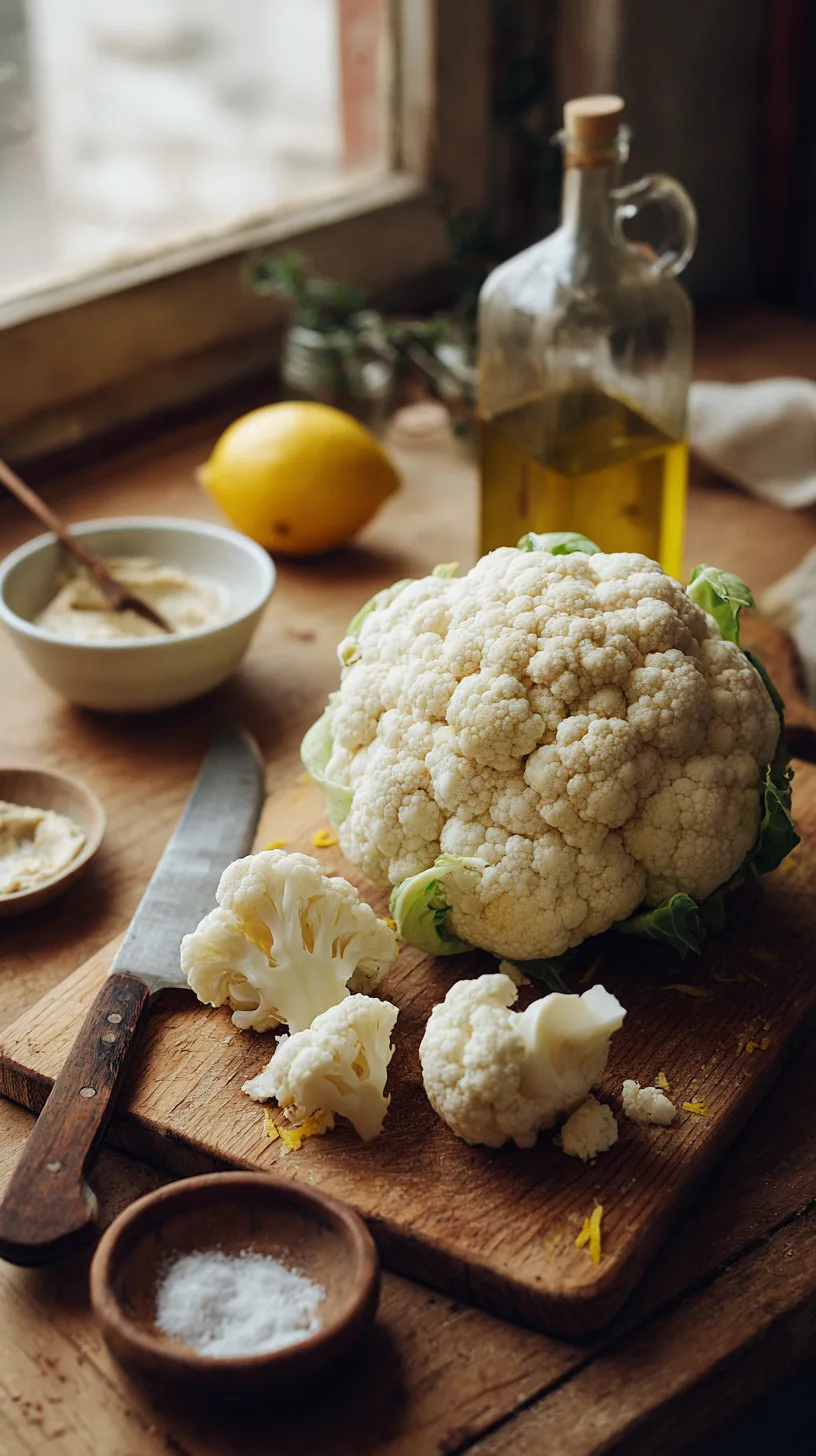 Raw cauliflower head on wooden cutting board
