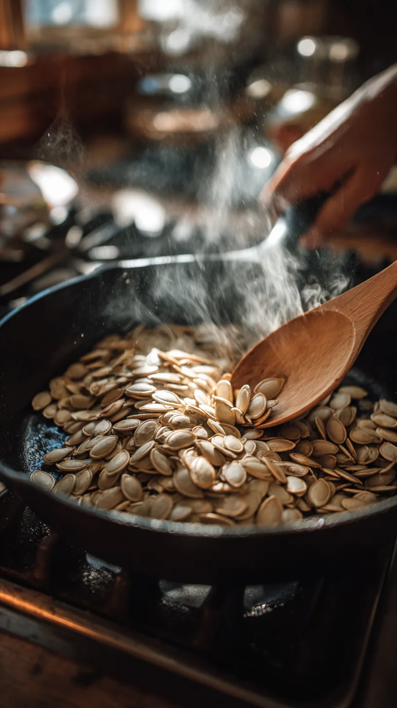 Raw hulled pumpkin seeds toasting in a cast iron skillet