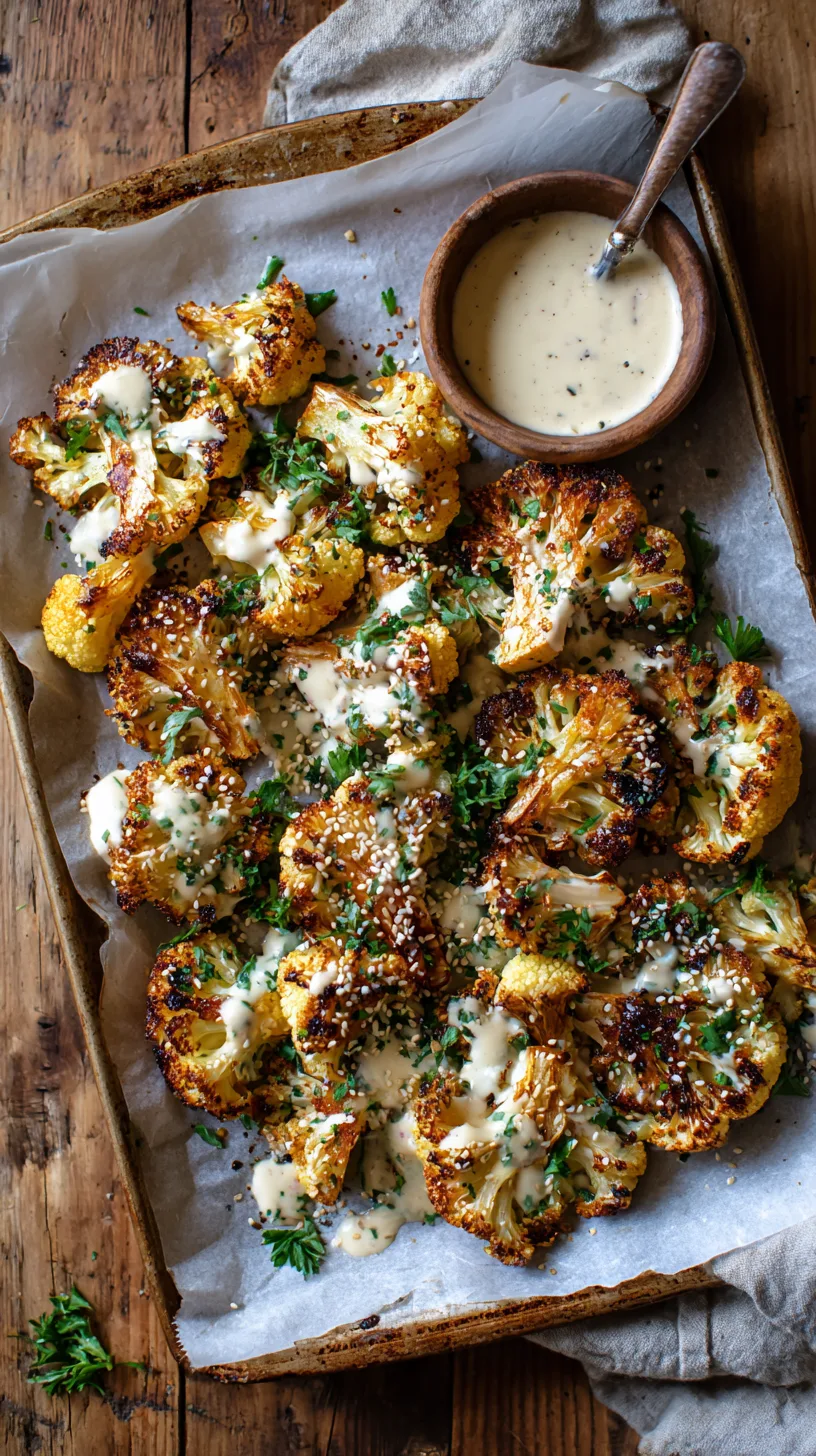 crispy roasted cauliflower on a parchment-lined sheet pan