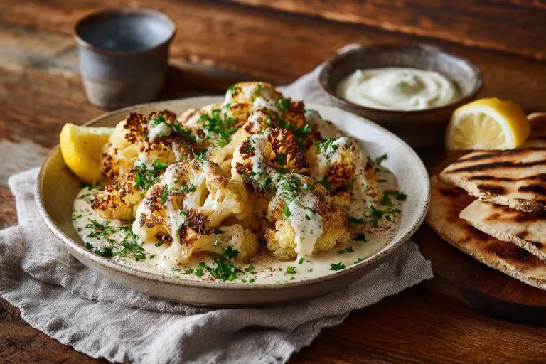 crispy roasted cauliflower with tahini lemon sauce