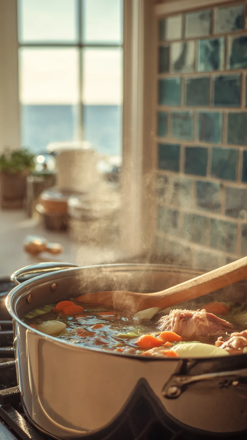 ham bone simmering in water with onion, carrot, and celery