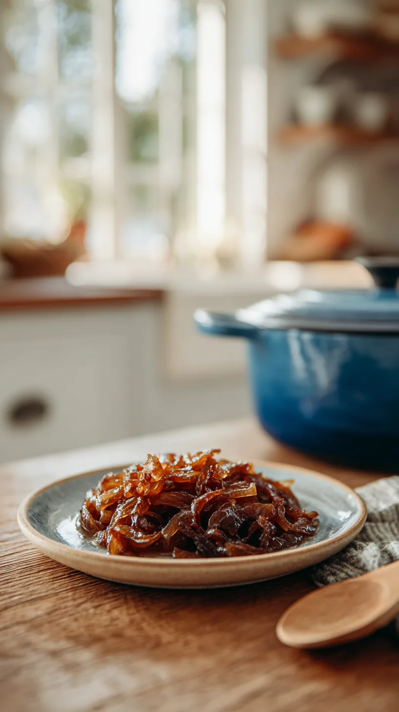 Deep caramelized onions served on a simple plate on a wooden table in a bright coastal kitchen.