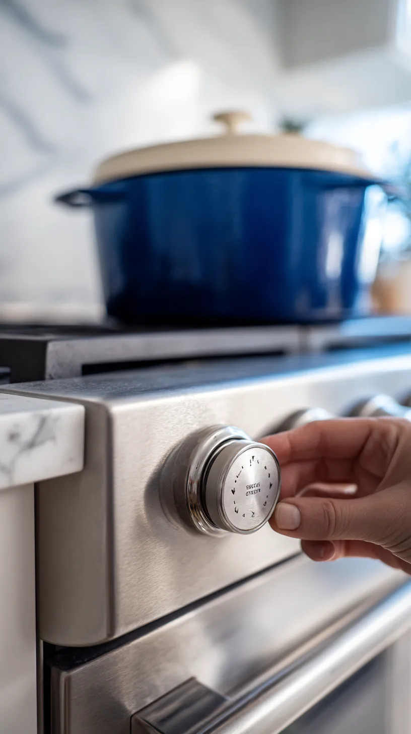 stainless steel gas range knob being turned toward medium-high heat