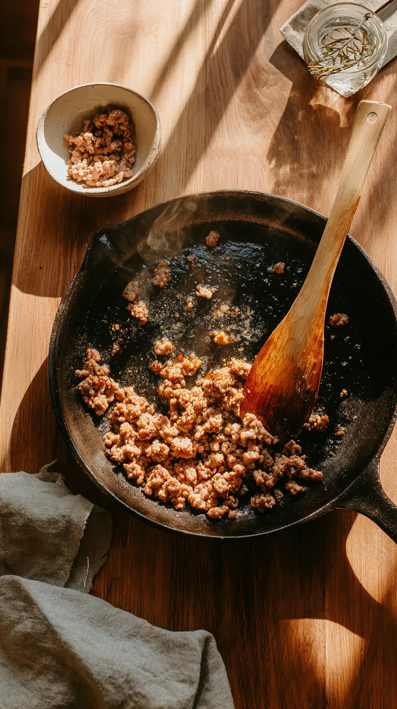 Italian sausage breaking into irregular crumbles over high heat
