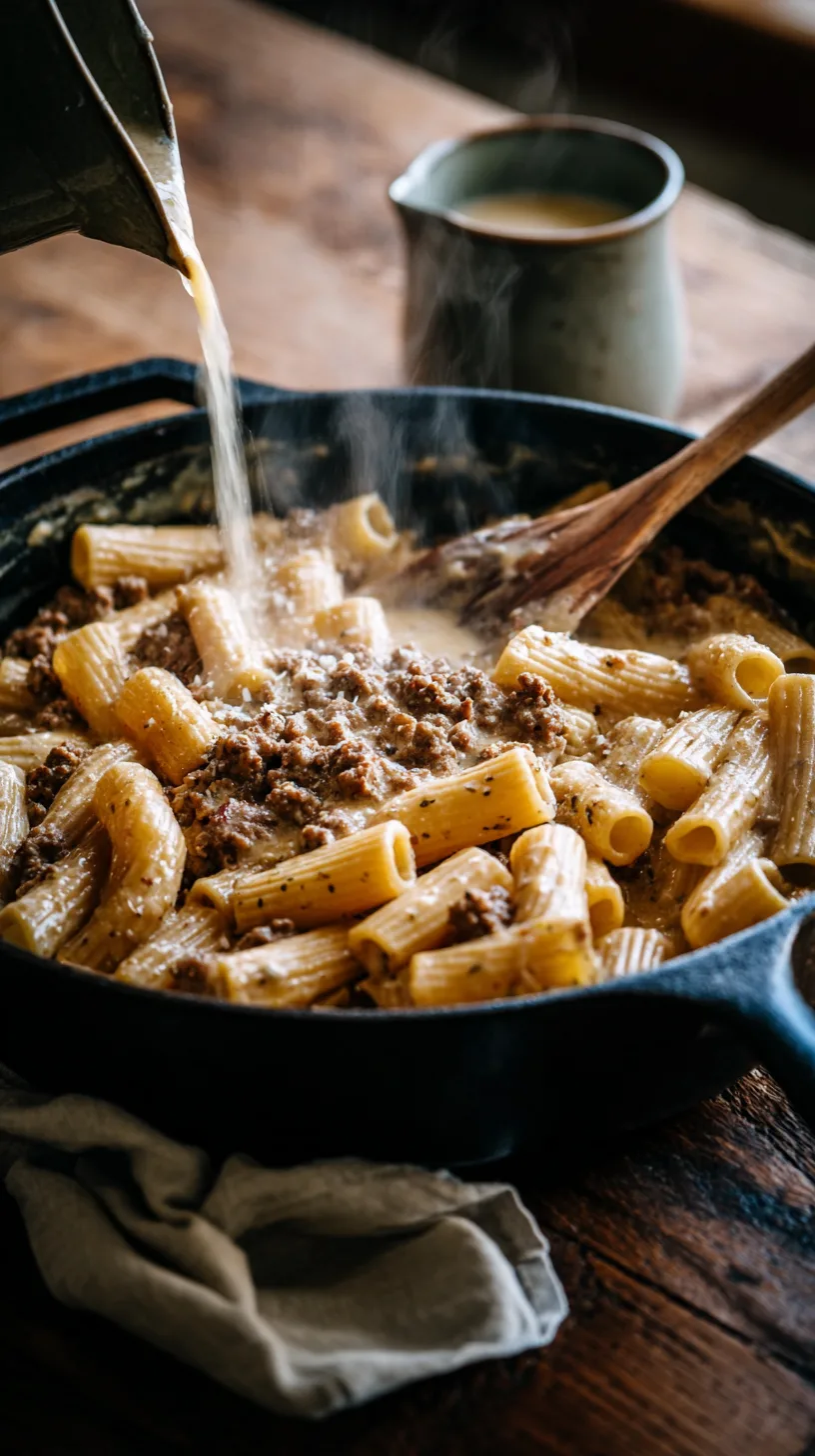 adding pasta water to the rigatoni