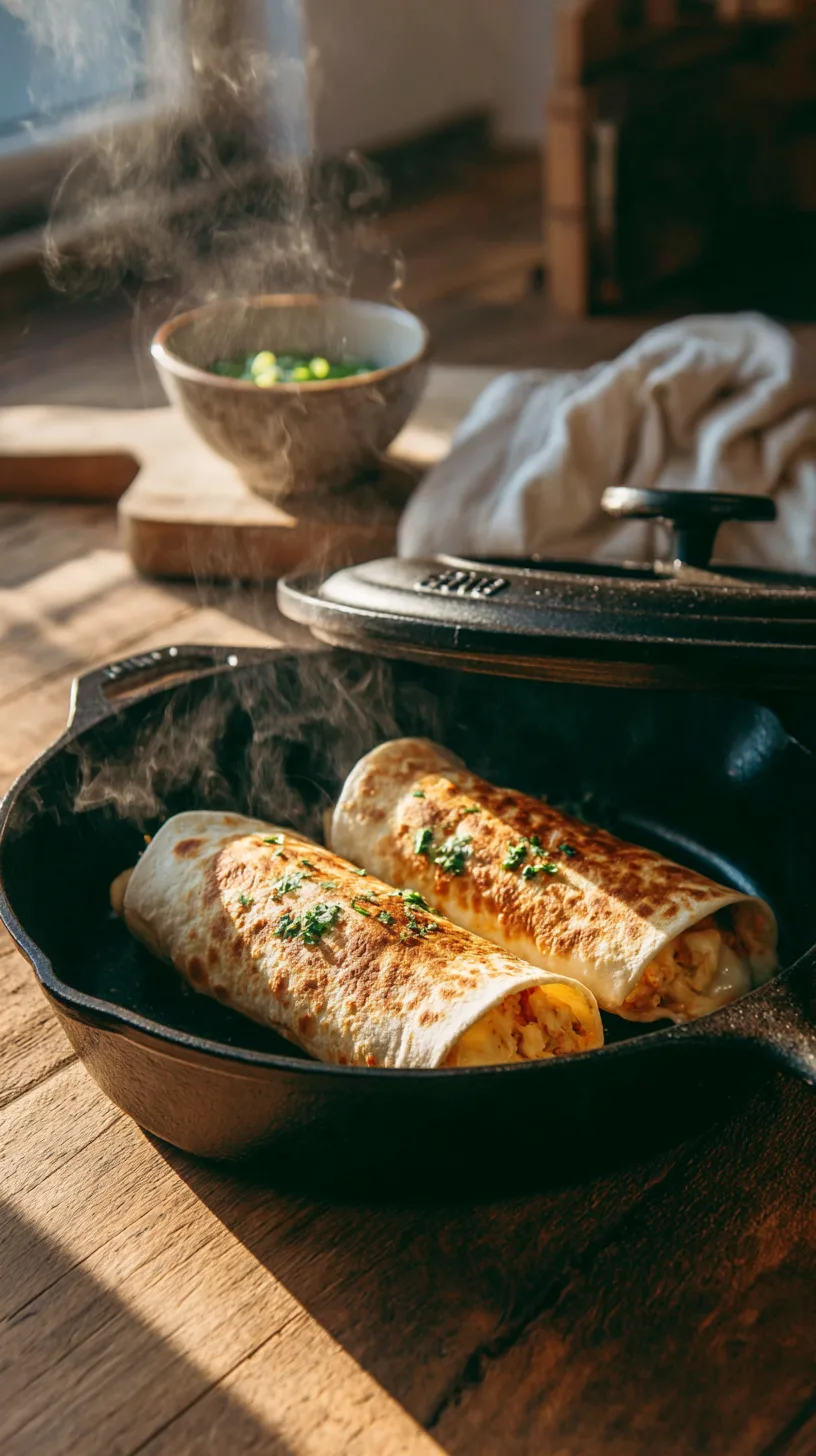 cheesy garlic chicken wraps cooking seam-side down in a well-seasoned black cast iron skillet