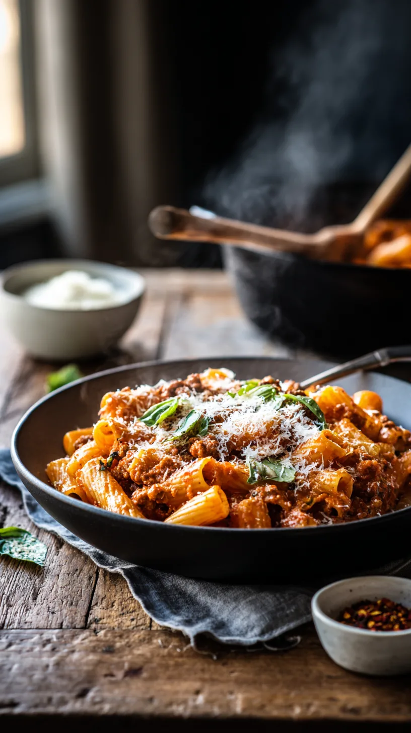 creamy Italian sausage rigatoni finished dish