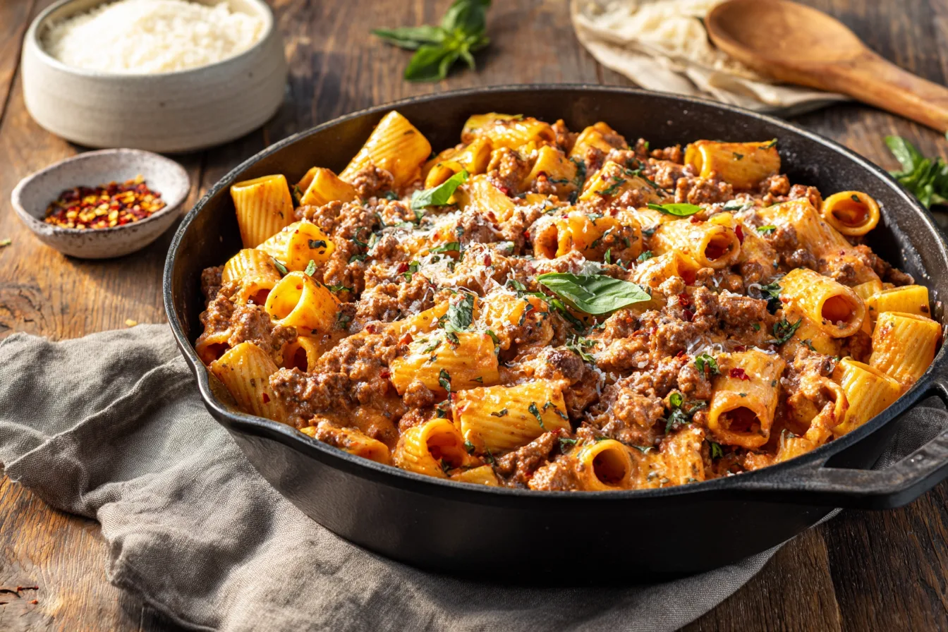 Creamy Italian sausage rigatoni in a cast iron skillet, finished with fresh basil and grated parmesan