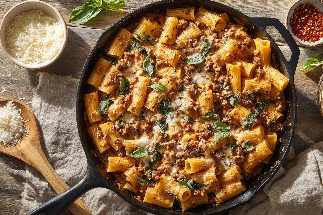 rigatoni pasta coated in thick creamy tomato sausage sauce